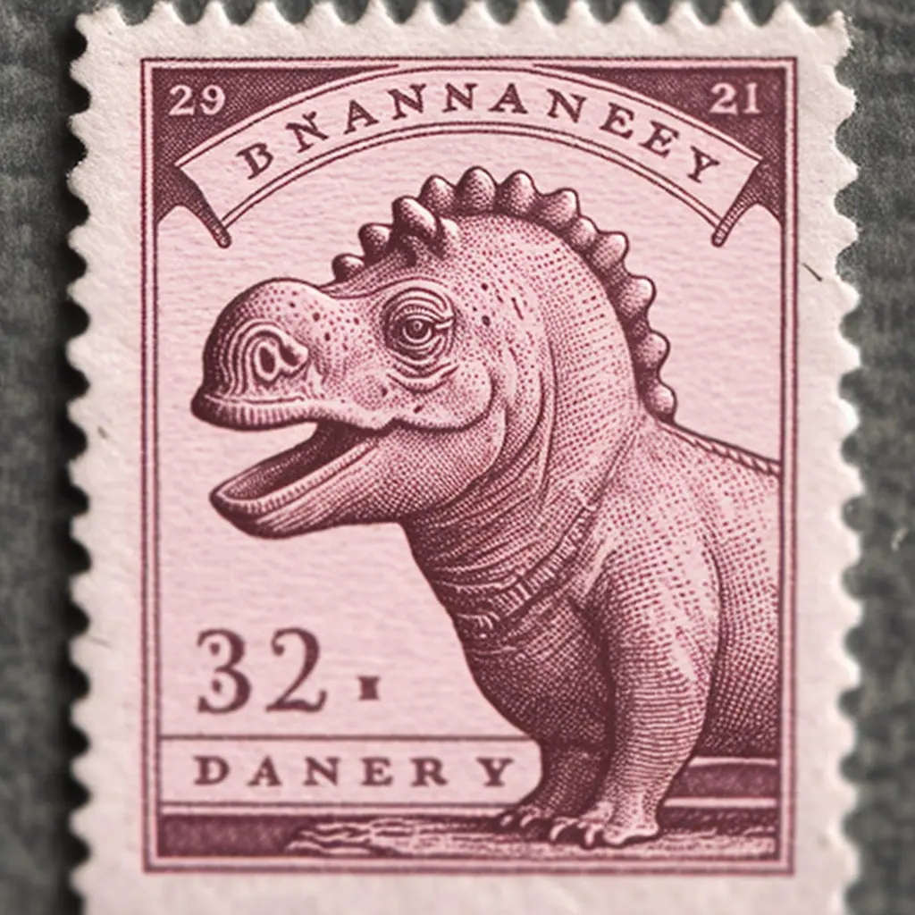 vintage 2 cent postage stamp of Barney the Dinosaur, pink ink, line engraving, intaglio